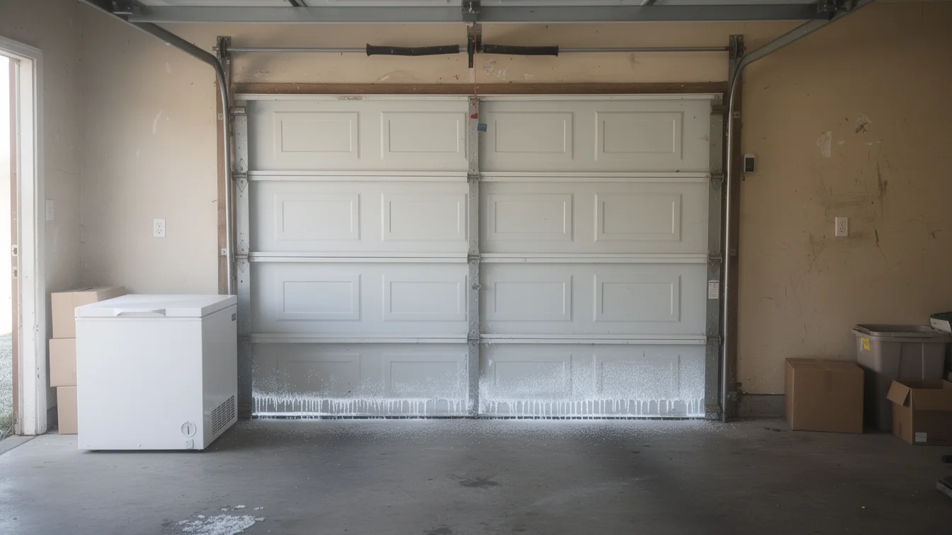 A white garage door with ice and water dripping from the bottom.