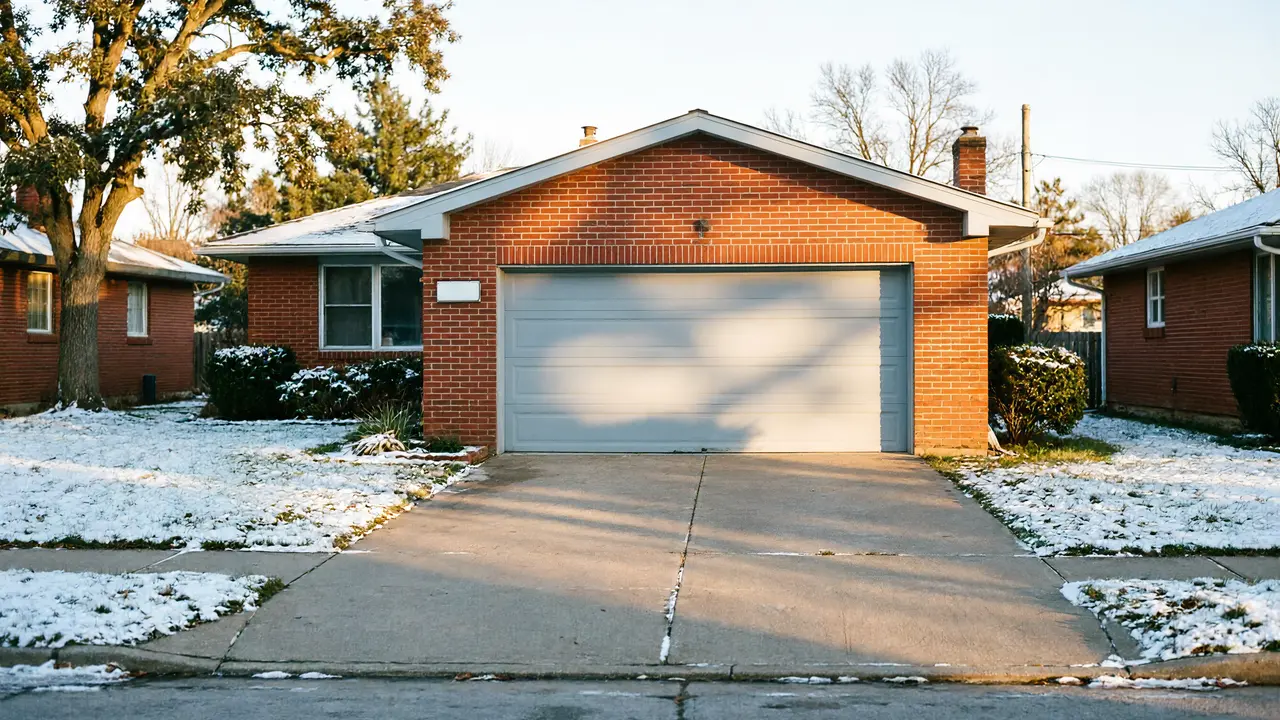 A brick house with a light gray garage door and a snow-dusted lawn.