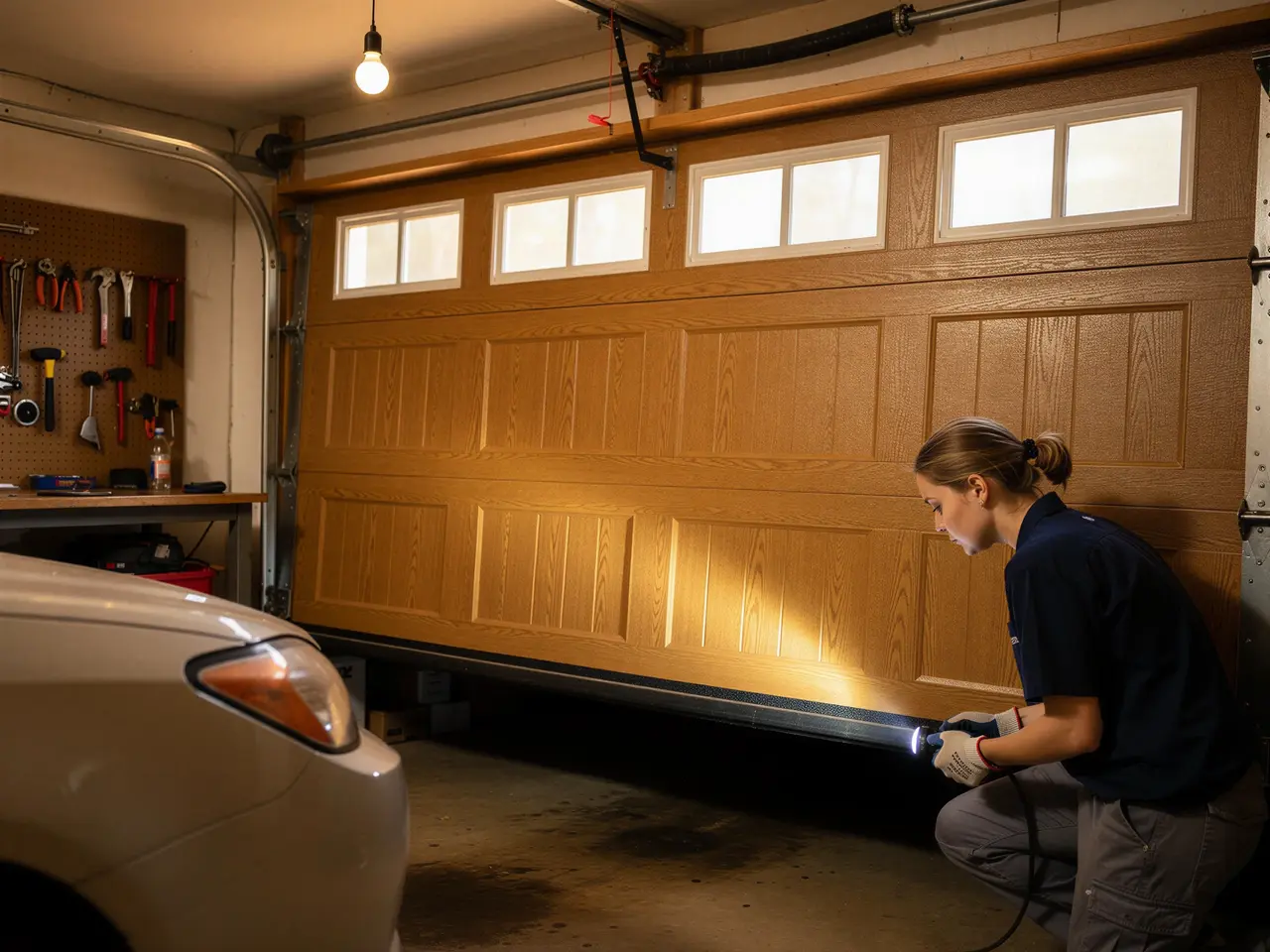 A technician shines a flashlight on the bottom of a garage door.
