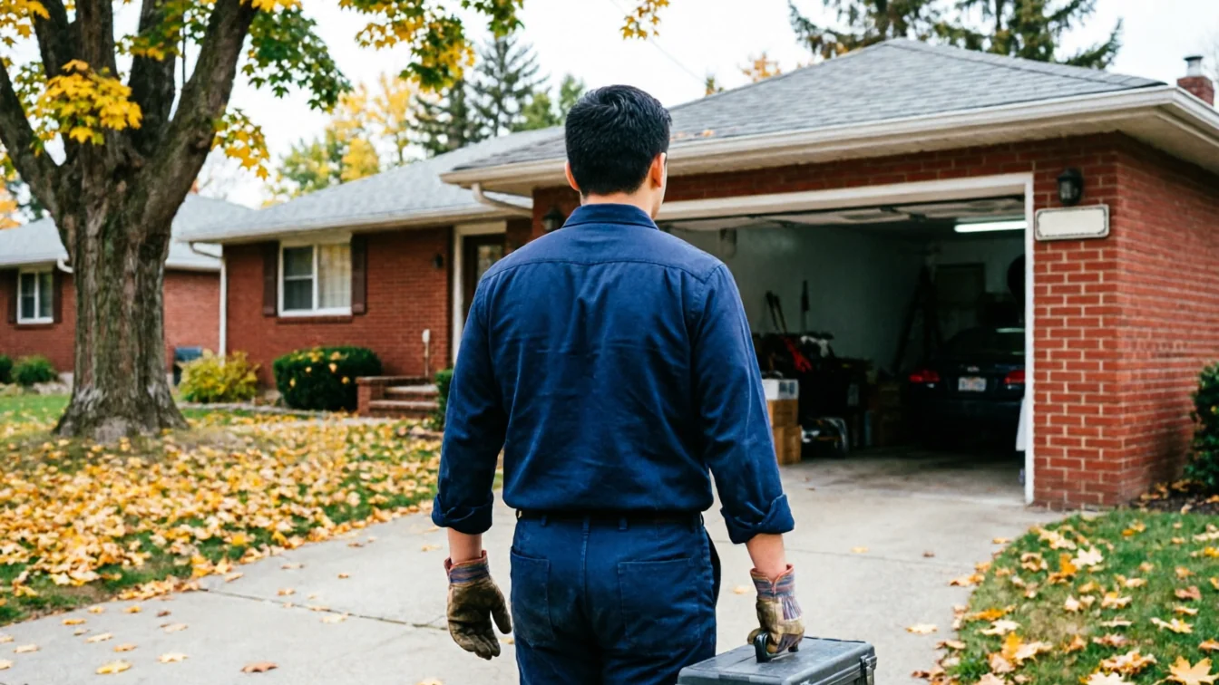 A technician in a blue uniform carries a toolbox toward an open garage door.