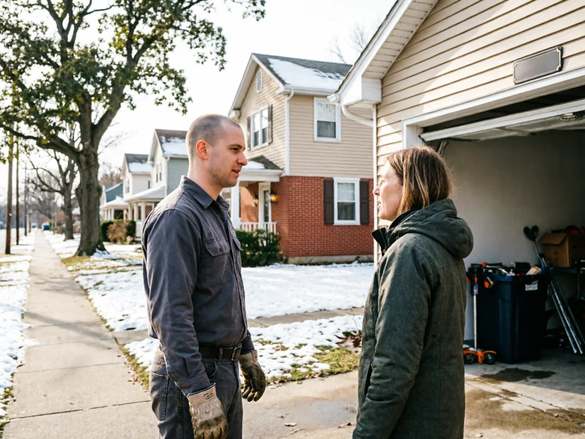 A technician talks to a woman in front of a house with an open garage door.