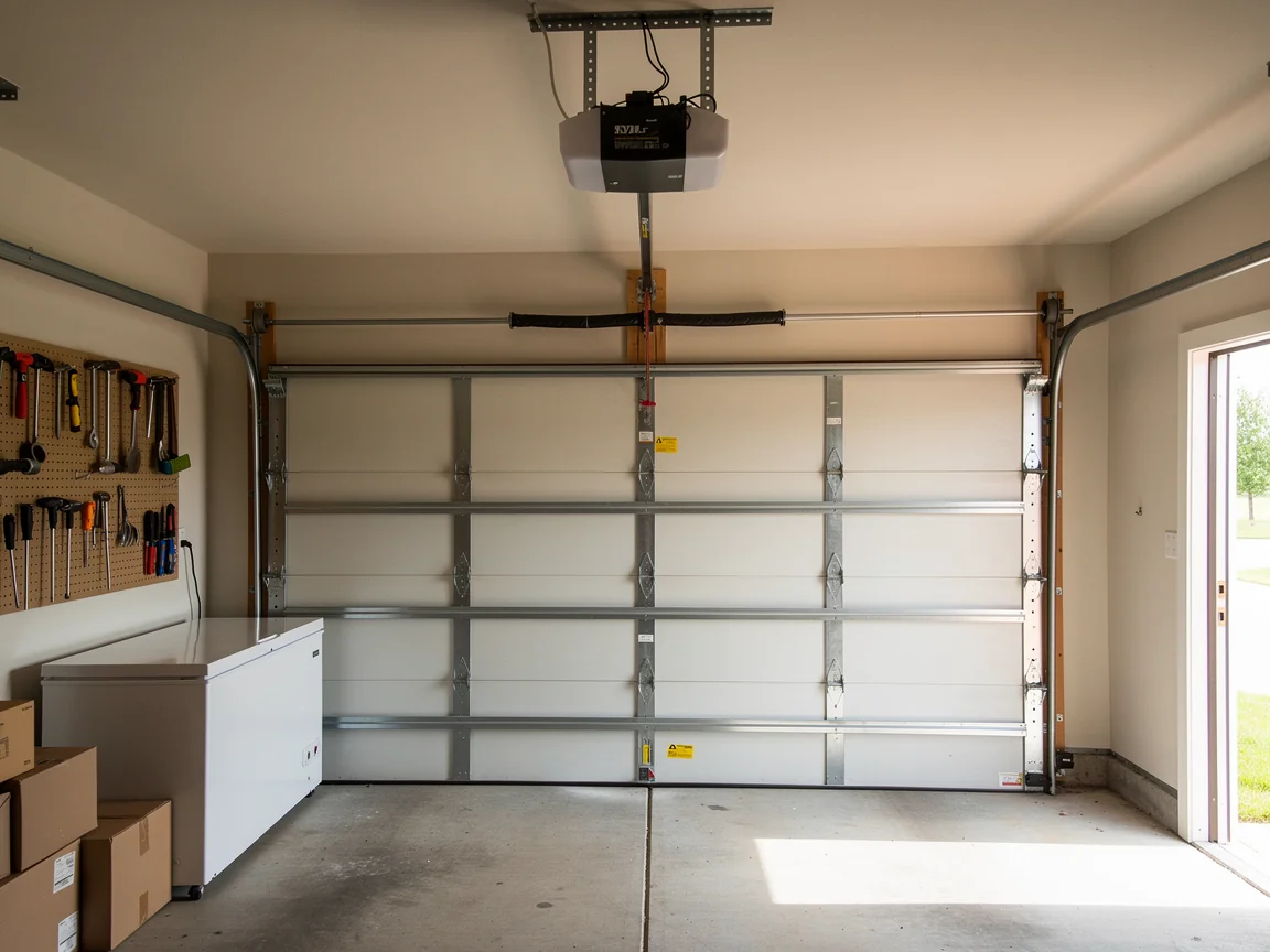 The garage door is closed, with an opener and torsion spring visible above.