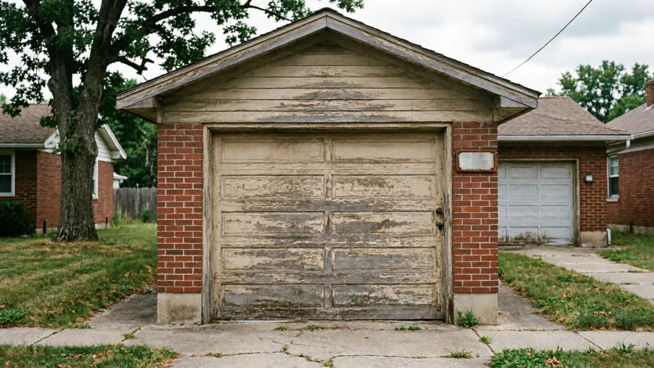 A weathered garage with peeling paint on the door and siding stands on a cloudy day.
